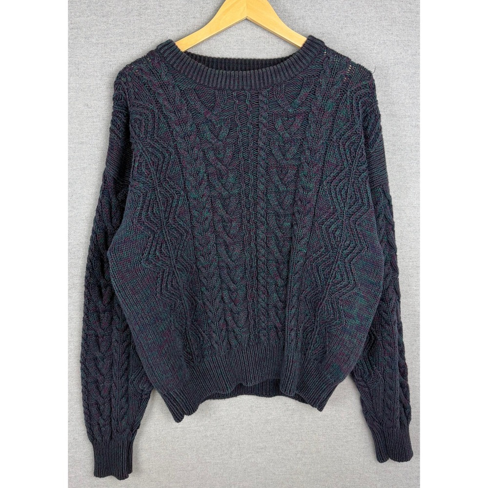 Eddie Bauer Vintage Cable Knit Sweater Mens XL Teal Purple Marled Crewneck
